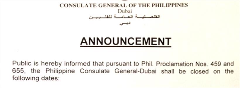 Announcement from Philippine Consulate General in Dubai about HOLIDAYS